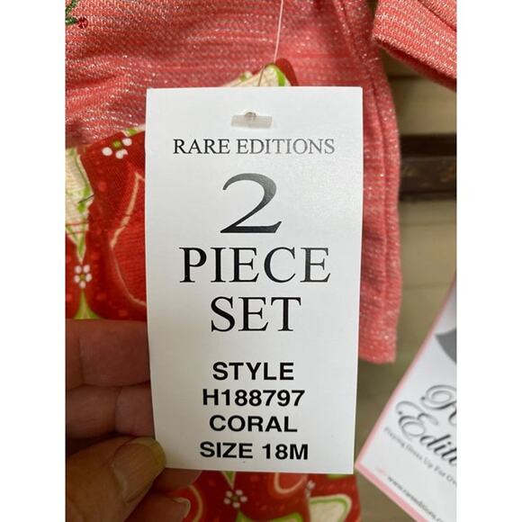 Rare Editions 2 Piece Set - Oh What Fun - Size 18M - Coral Top & Red/Green Pants - Picture 2 of 5